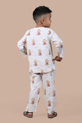 Beige cat print pure cotton pajama set for boys - side view - Chheent Jaipur