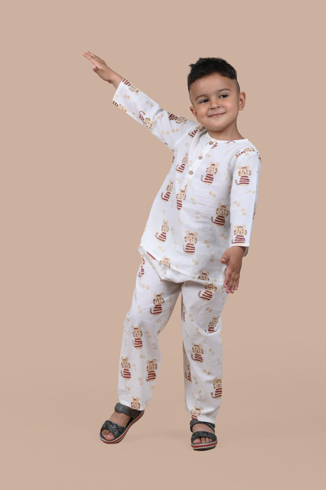 Beige Cat pure cotton hand block printed pajama set for boys breathable summer nightwear