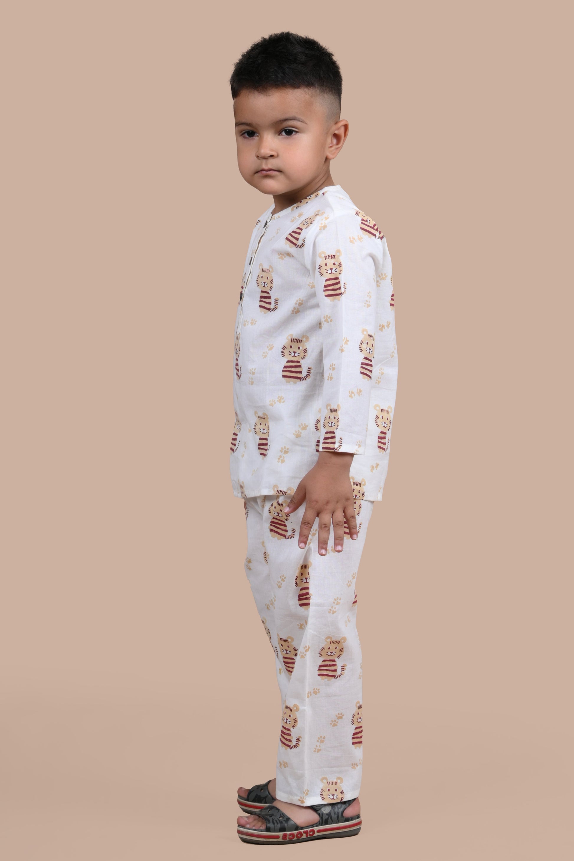 Pure cotton hand block printed beige cat pajama set for boys - Chheent Jaipur