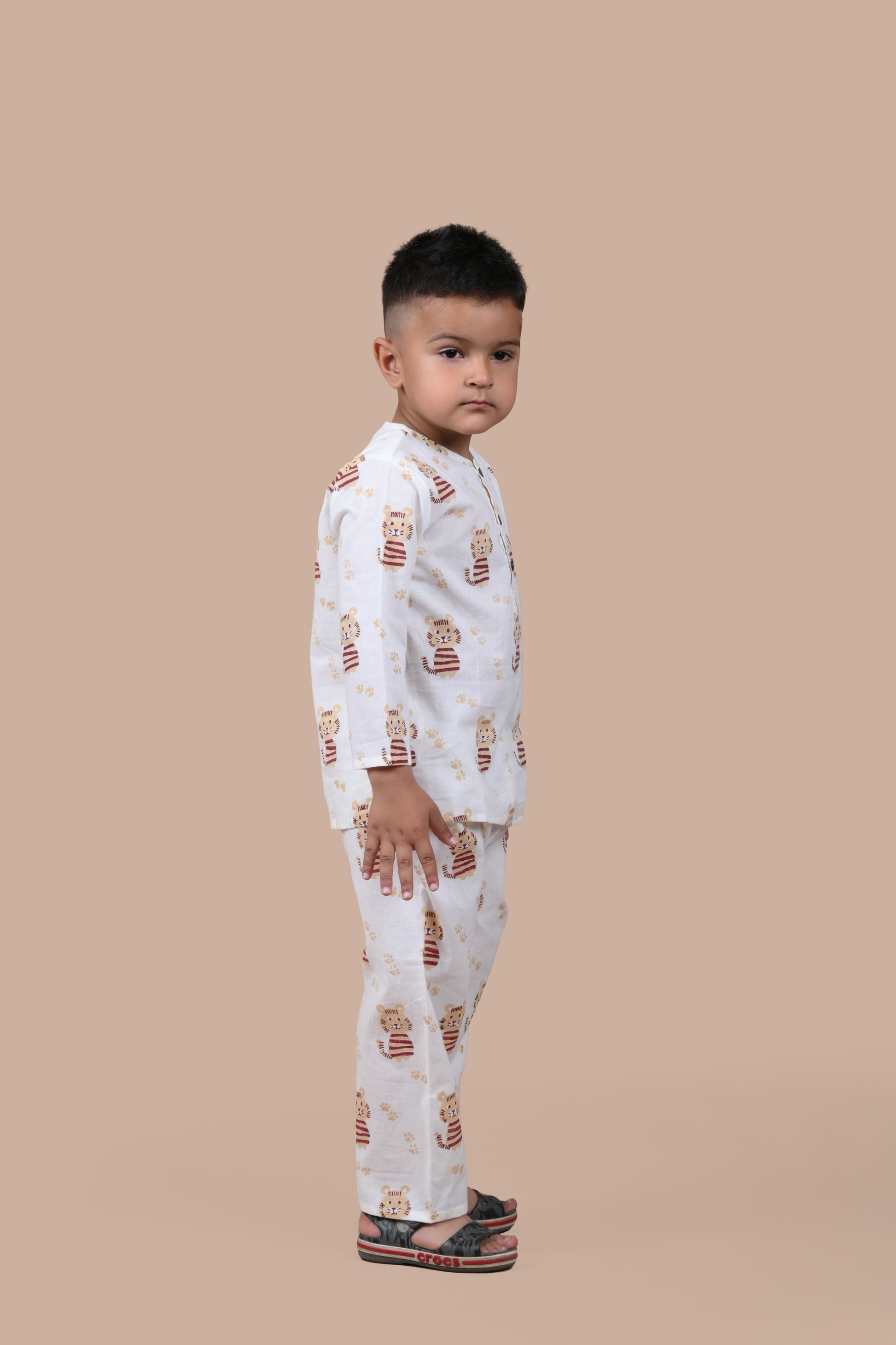 Beige cat hand block printed nightsuit for boys - back view - Chheent Jaipur