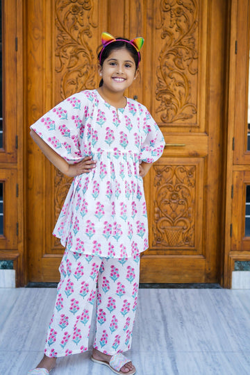 pure cotton turquoise pink booti hand block printed kaftan set for girls