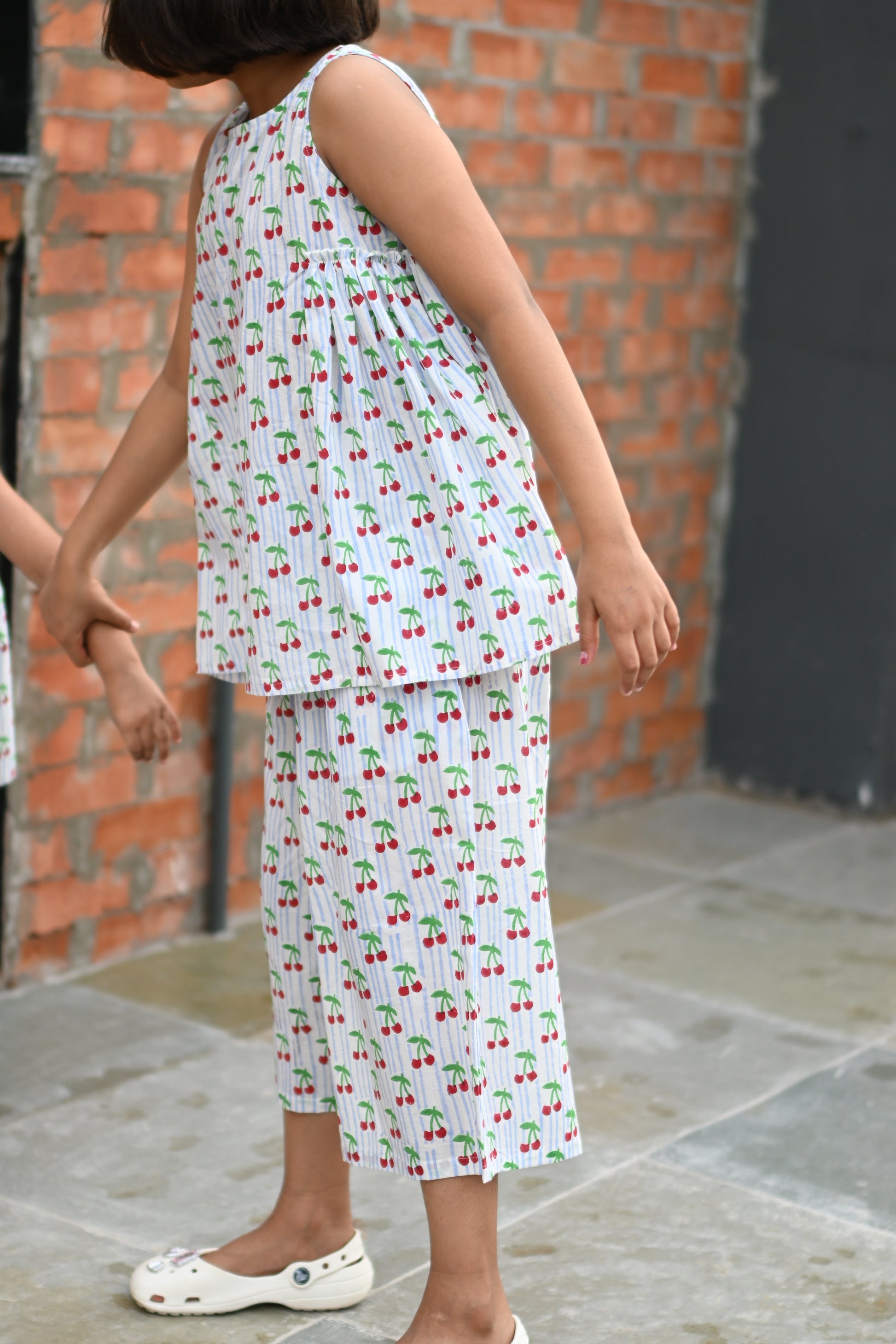 Cherry print pure cotton culottes set for girls, side view – Chheent Jaipur