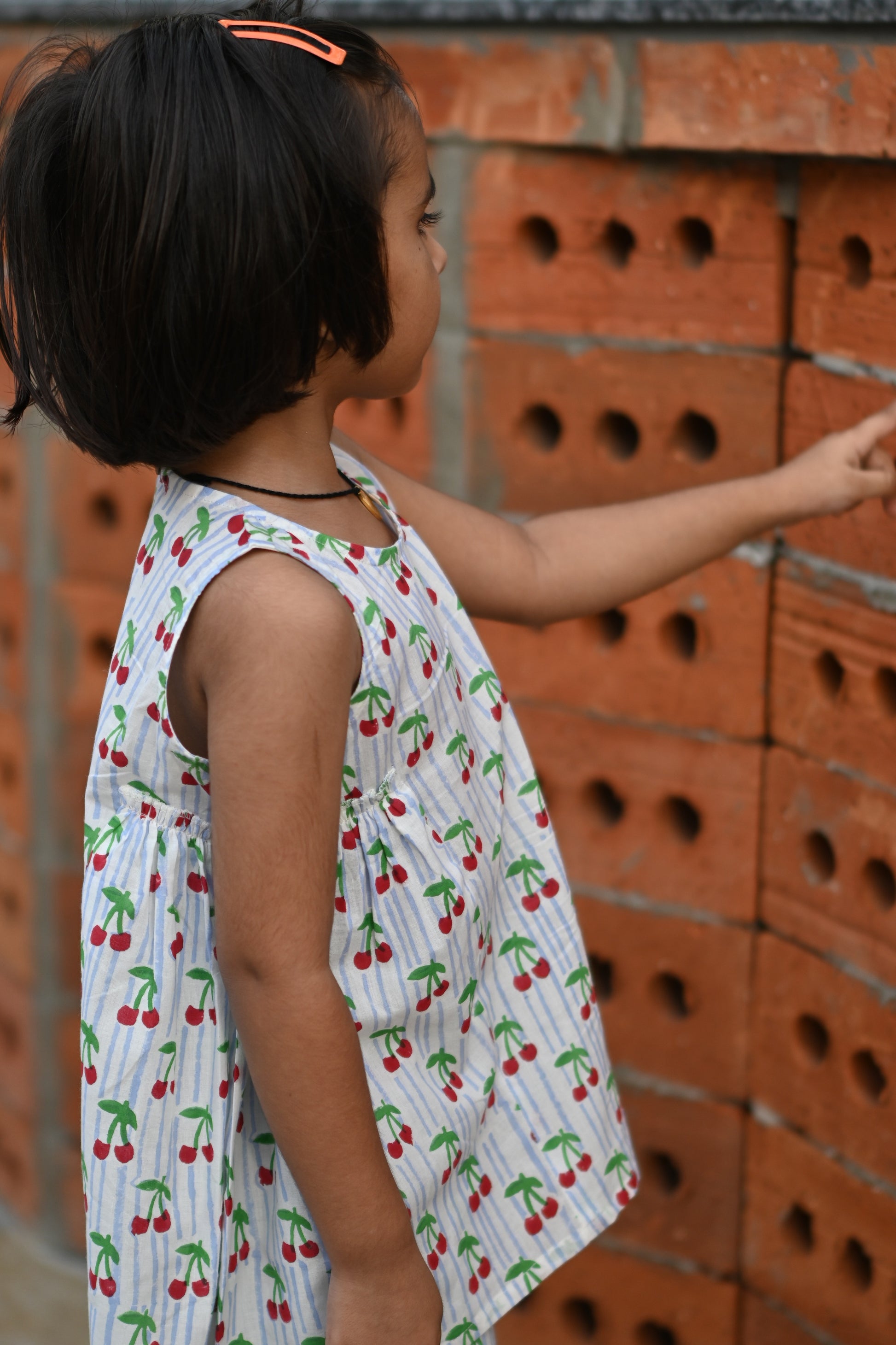 Cherry print pure cotton culottes set for girls, close-up side view – Chheent Jaipur