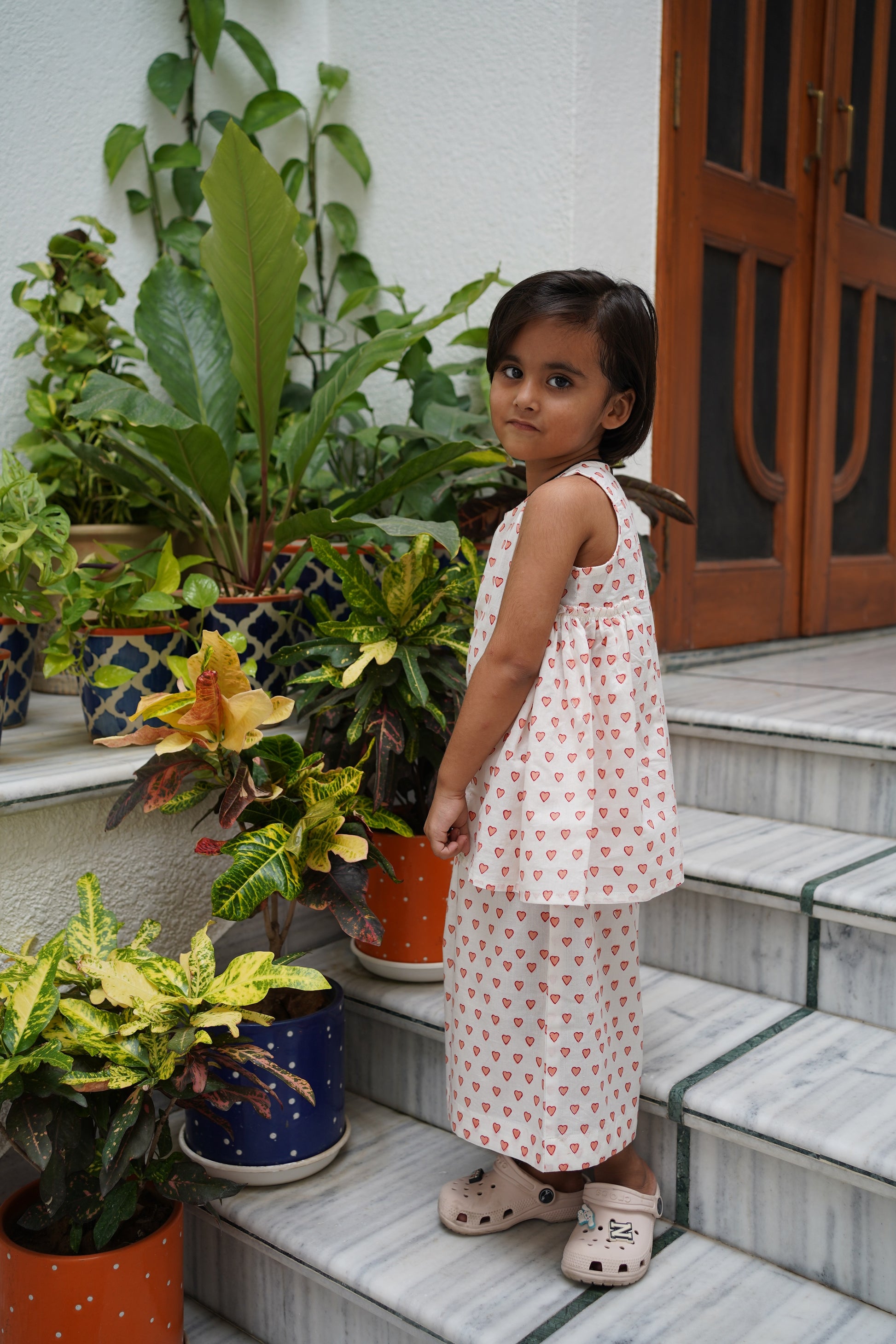 Pink hearts print pure cotton culottes set for girls, side view – Chheent Jaipur