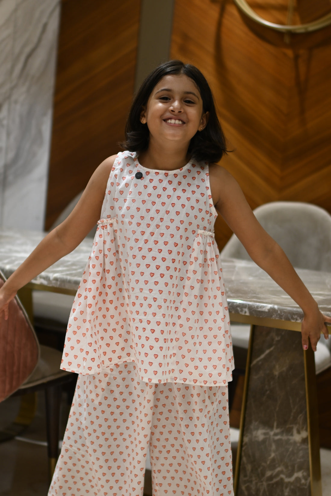 Pink hearts print pure cotton culottes set for girls, front view – Chheent Jaipur