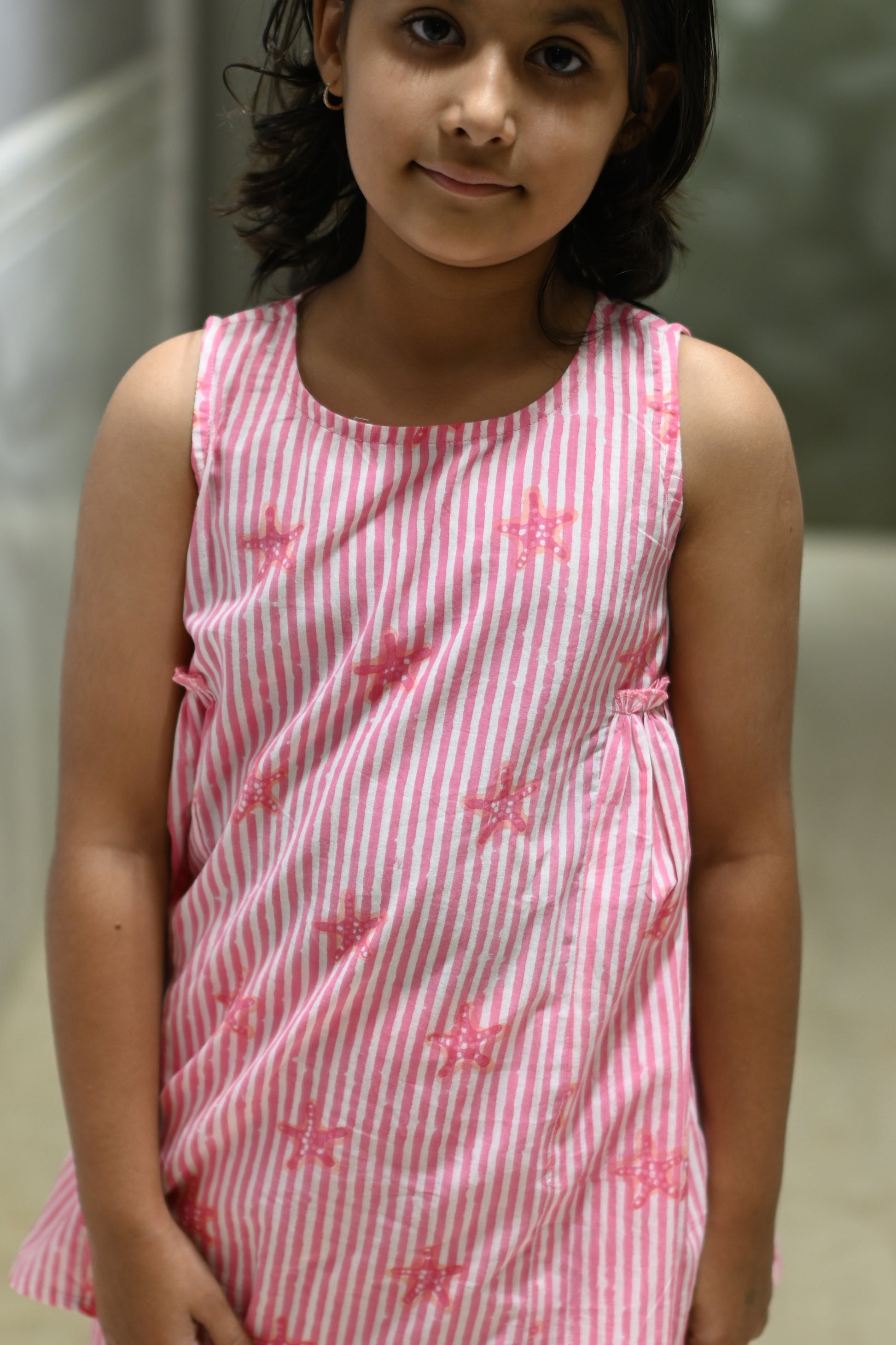 Pink starfish and stripe print pure cotton culottes set for girls, close-up – Chheent Jaipur