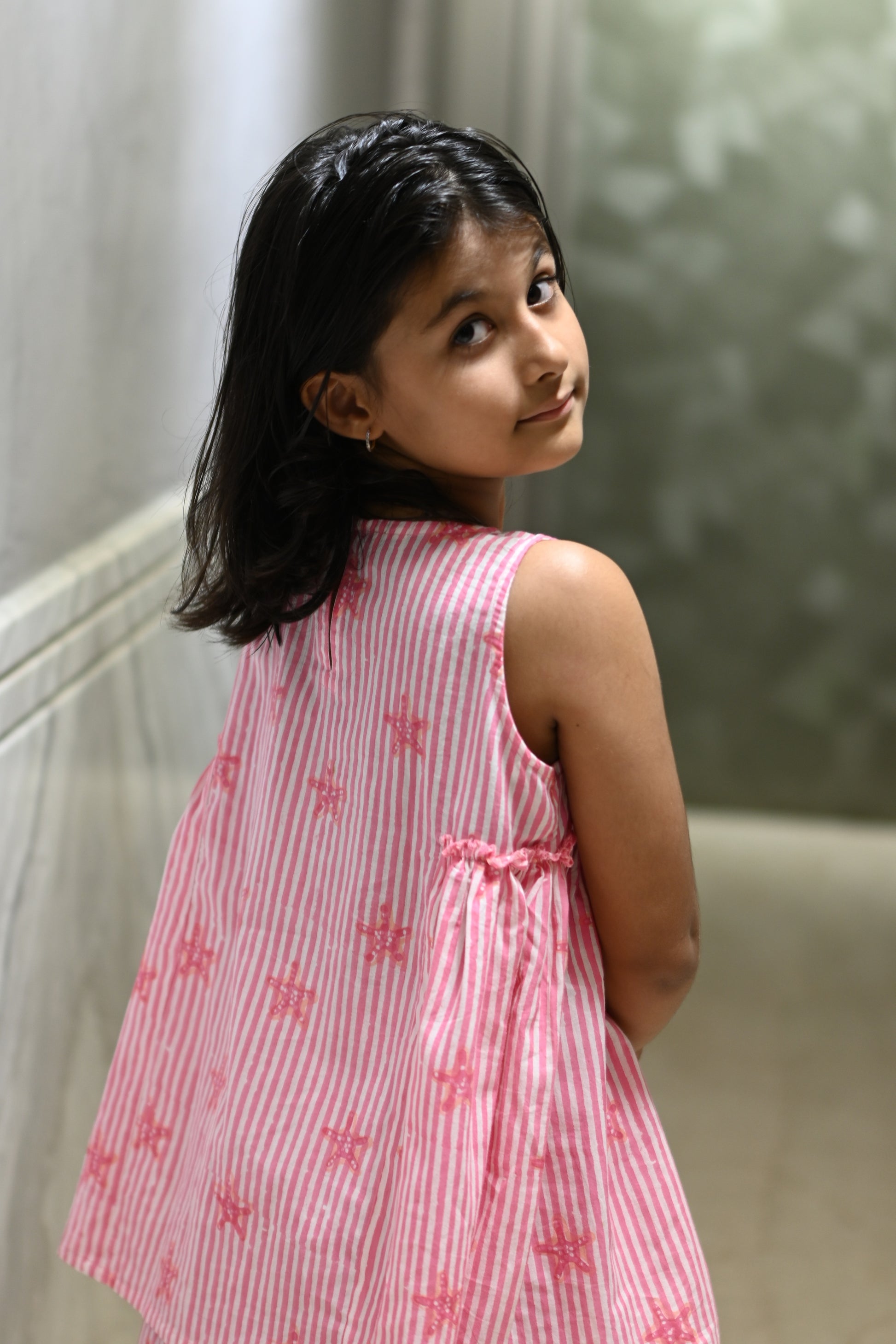 Pink starfish and stripe print pure cotton culottes set for girls, back view – Chheent Jaipur