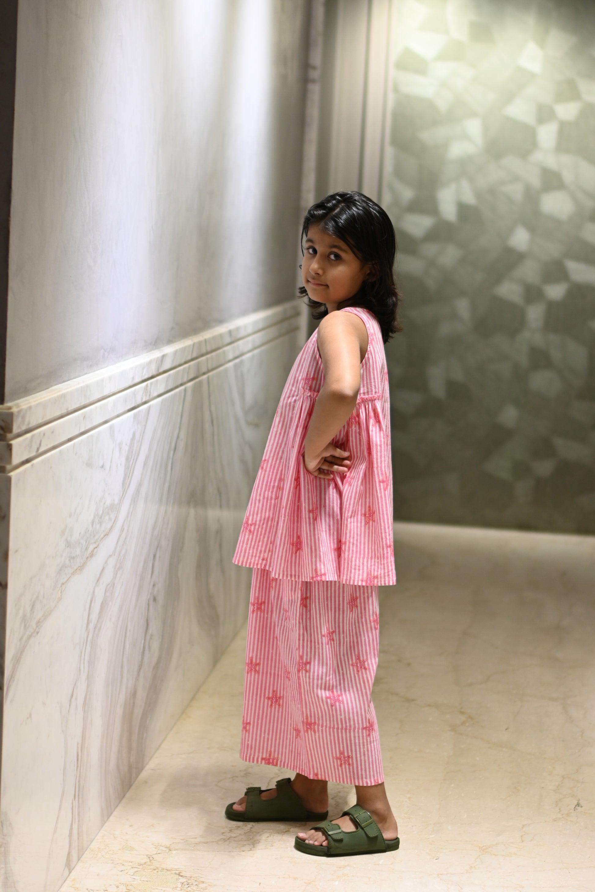 Pink starfish and stripe print pure cotton culottes set for girls, side view – Chheent Jaipur