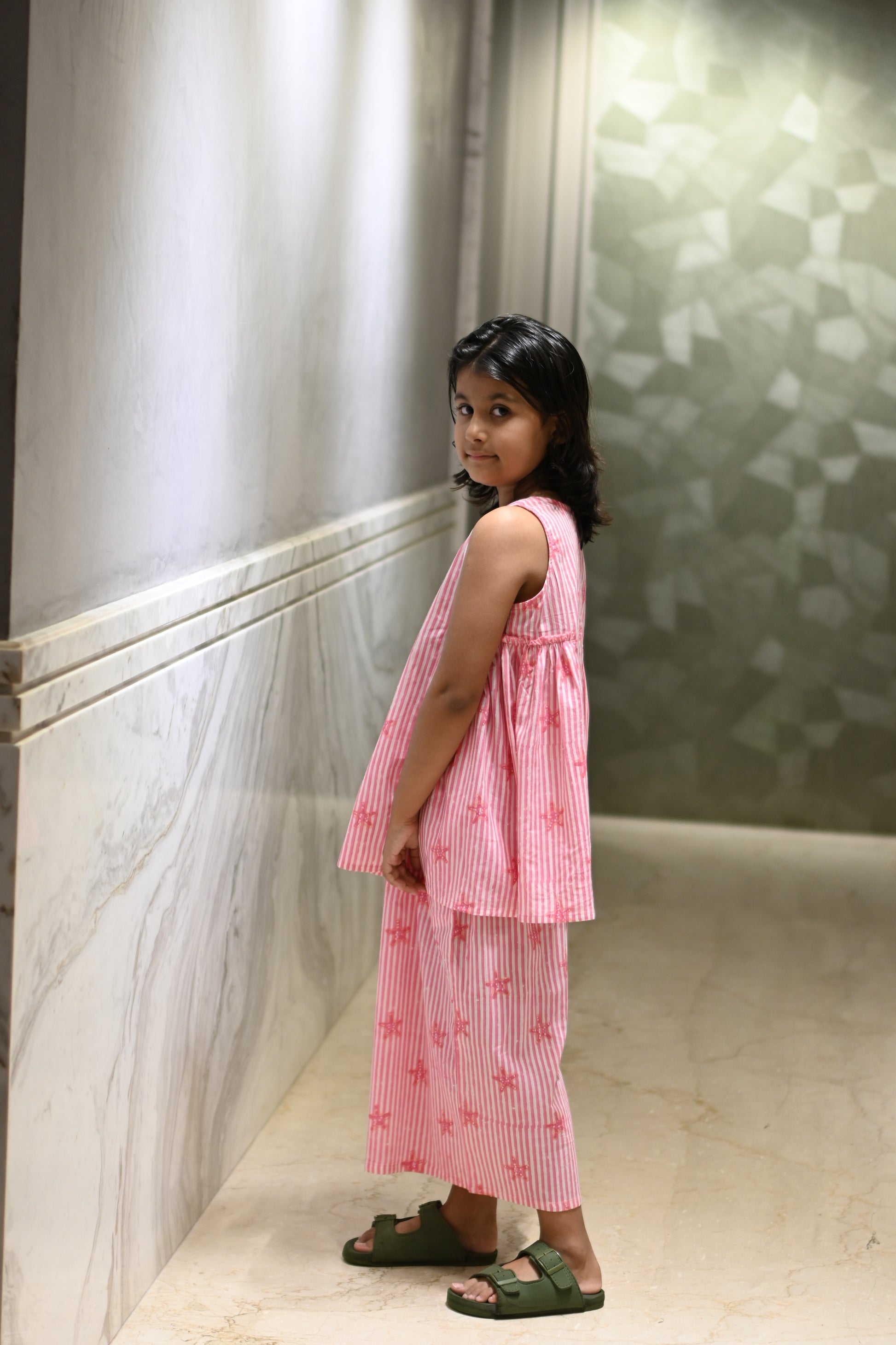 Pink starfish and stripe print pure cotton culottes set for girls, side view – Chheent Jaipur