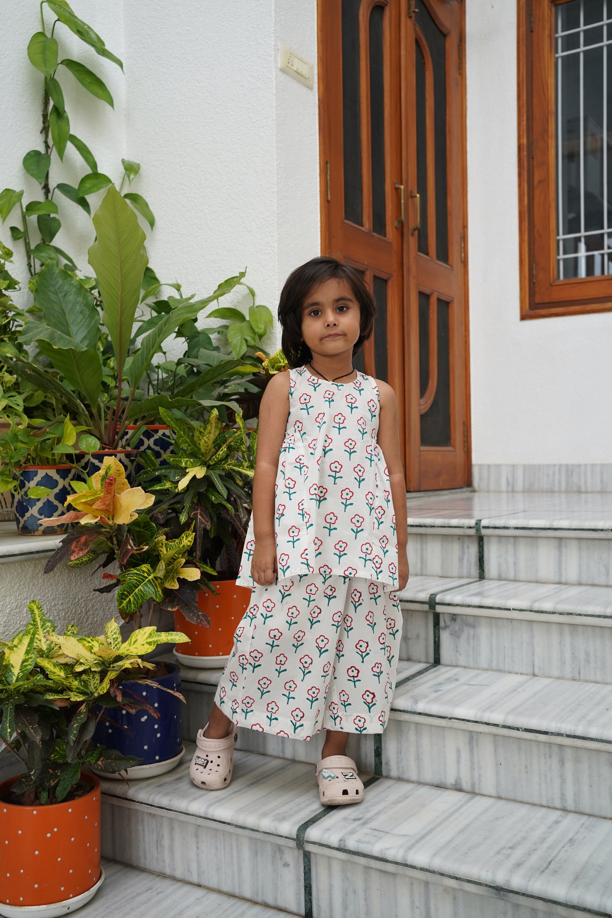 Red and green flower print pure cotton culottes set for girls – Chheent Jaipur