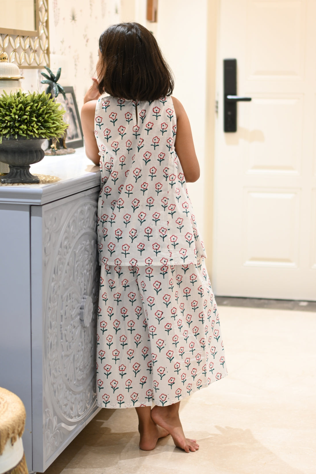 Red and green flower print pure cotton culottes set for girls, front view – Chheent Jaipur