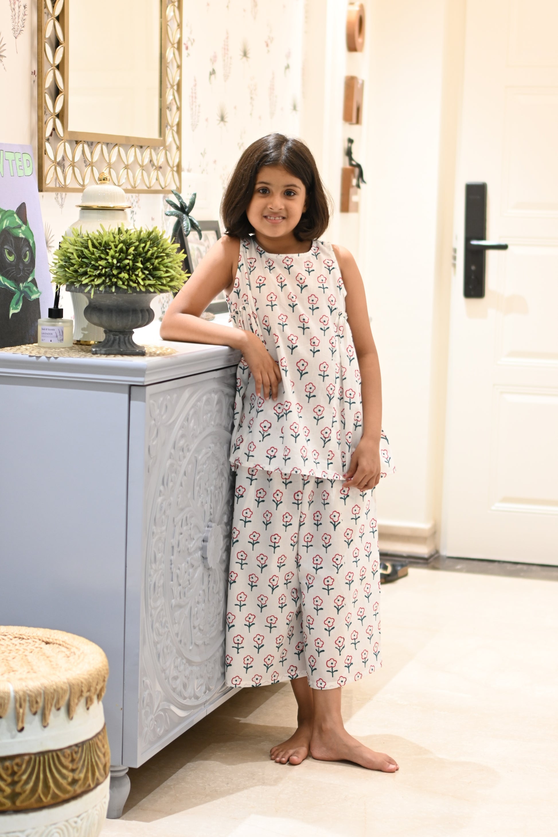 Red and green flower print pure cotton culottes set for girls, front view – Chheent Jaipur