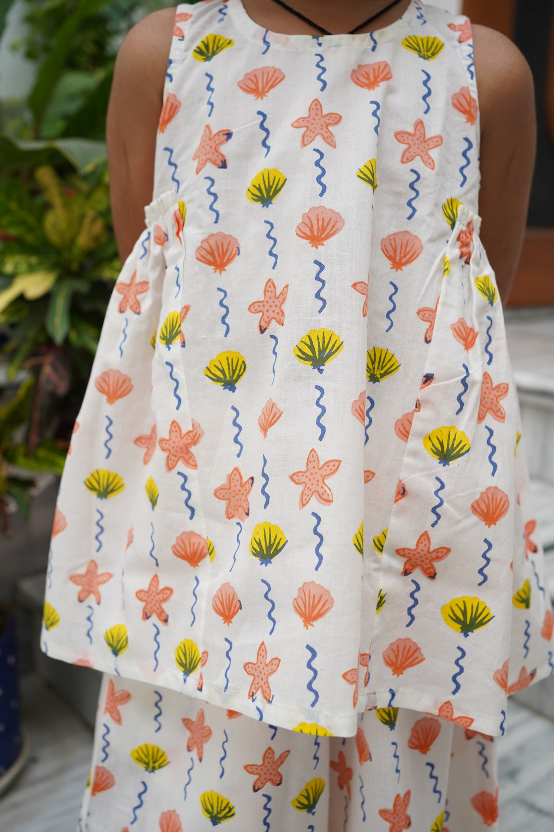 Starfish and shell print pure cotton culottes set for girls, front view – Chheent Jaipur