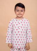 Flamingo print pajama set fabric close-up - pure cotton hand block printed