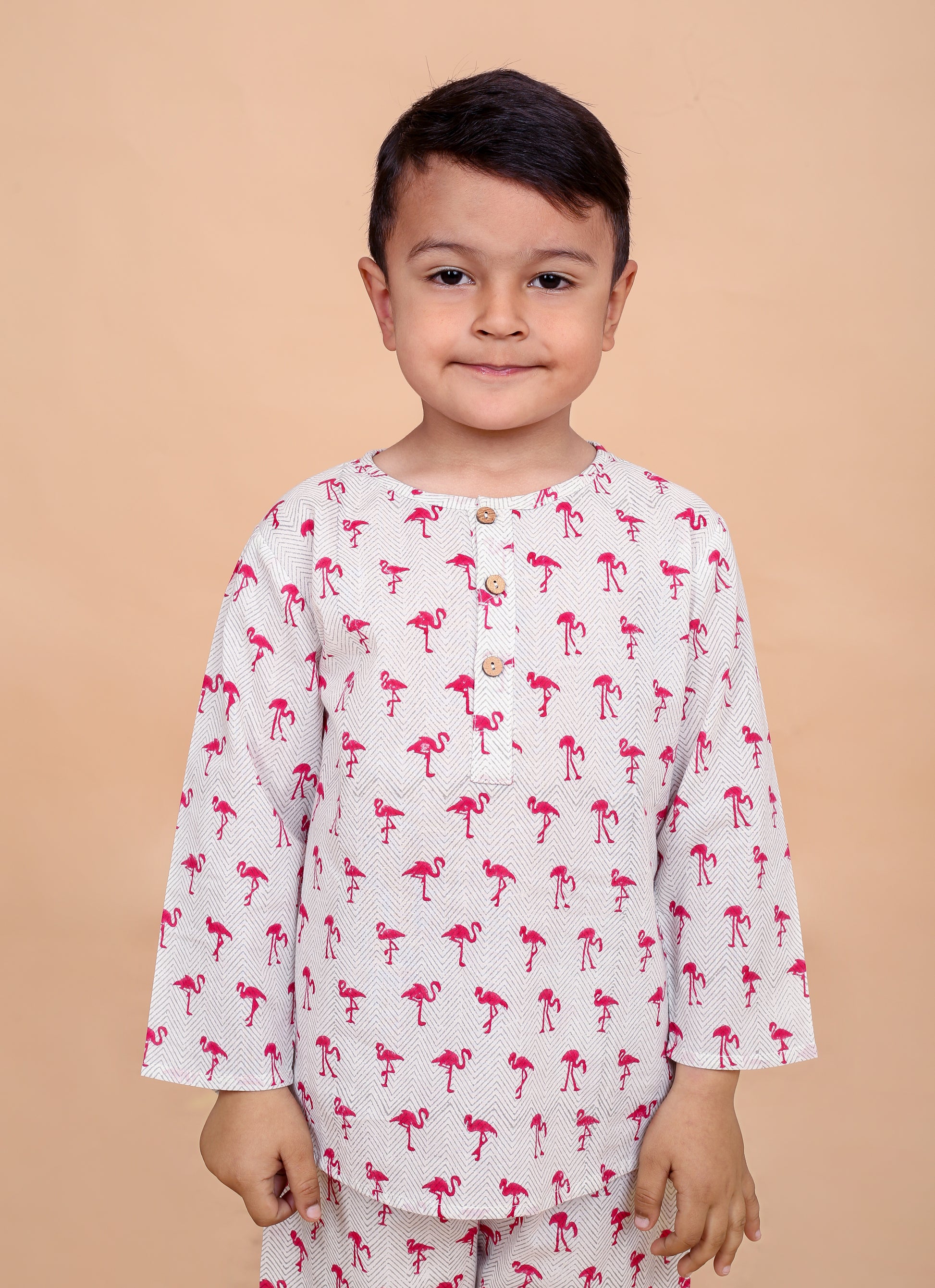 Flamingo print pajama set fabric close-up - pure cotton hand block printed