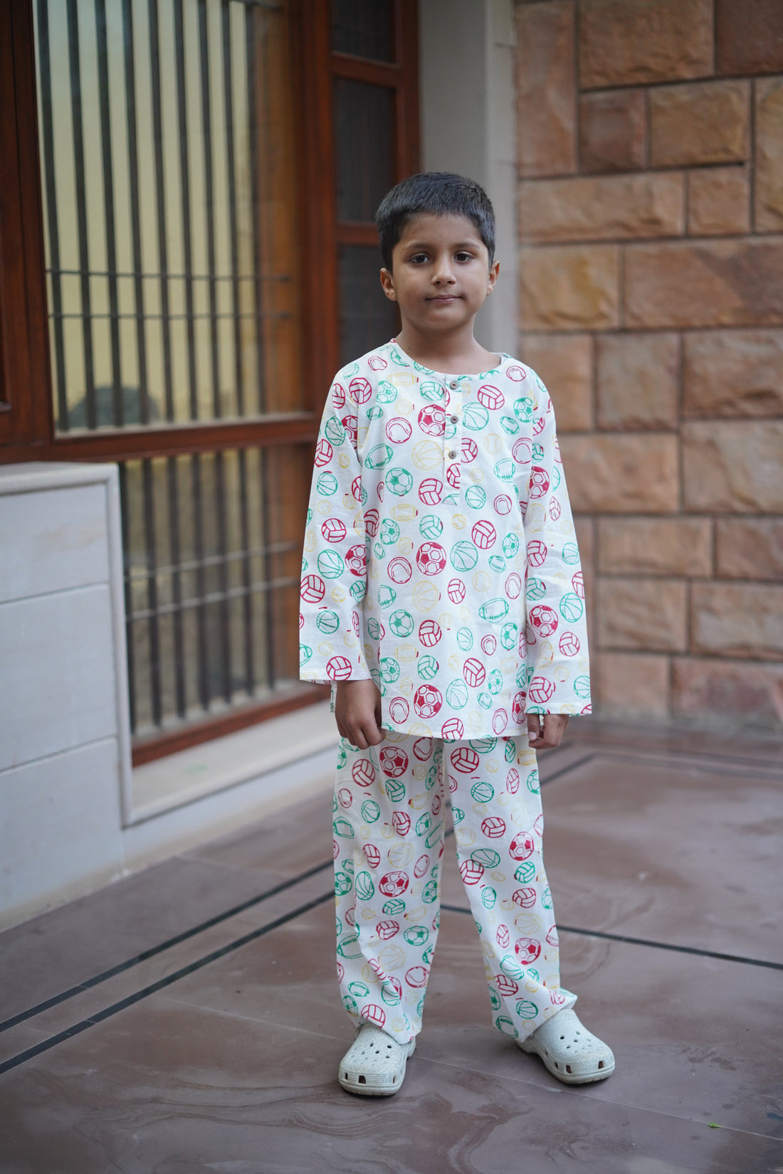 Football printed pure cotton hand block printed pajama set for girls summer nightwear