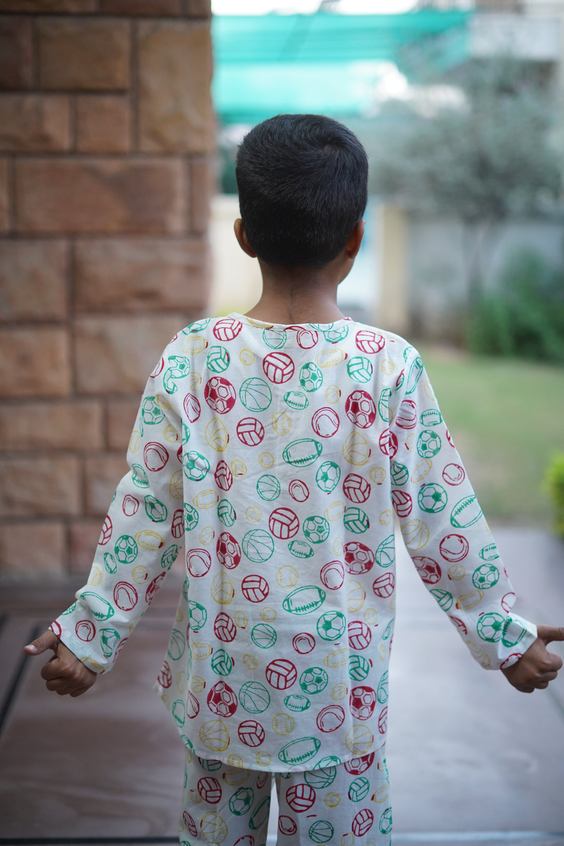 Football printed pure cotton hand block printed pajama set for girls summer nightwear