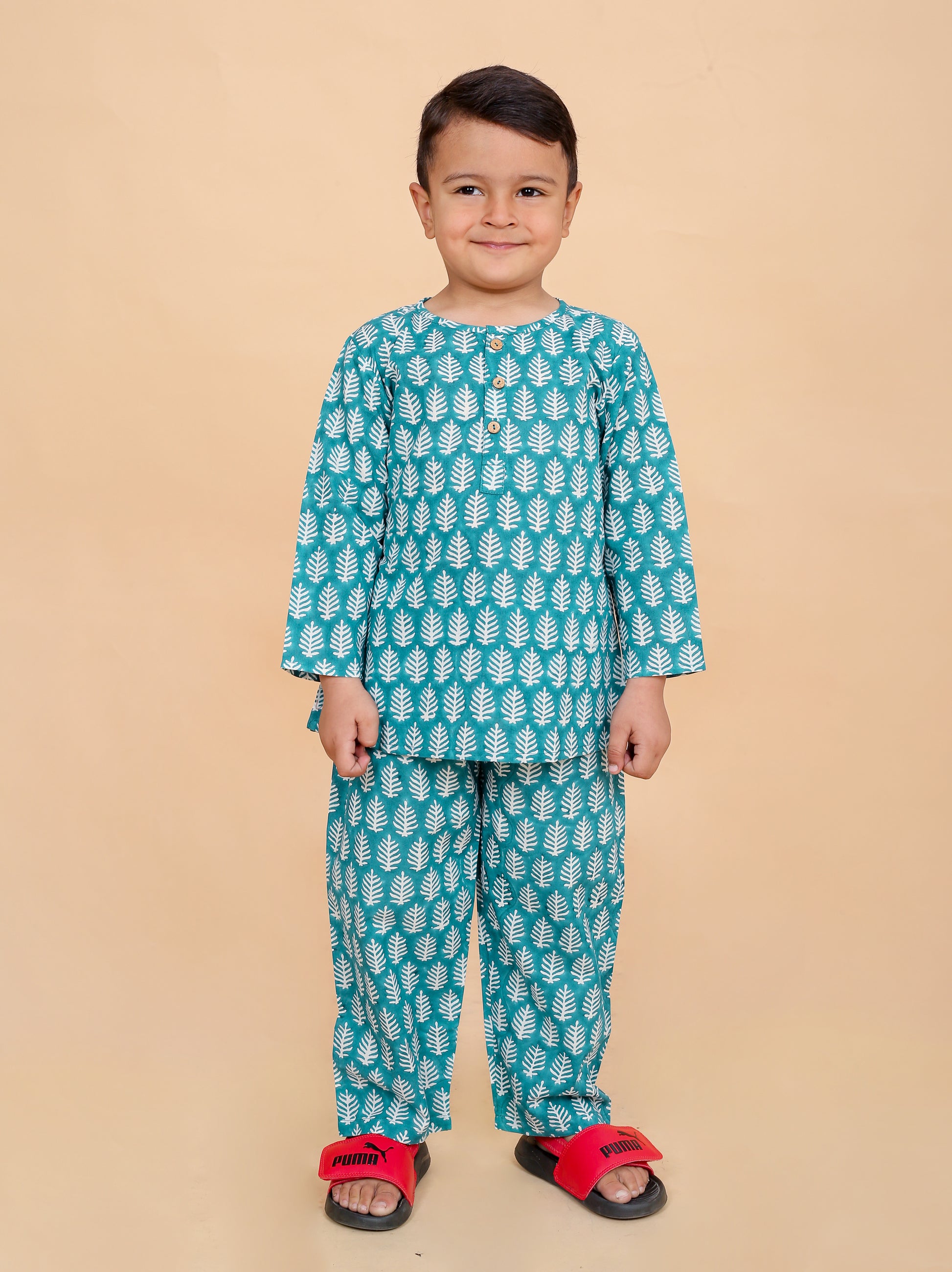 Forest Green Leaf pure cotton hand block printed pajama set for boys breathable summer nightwear