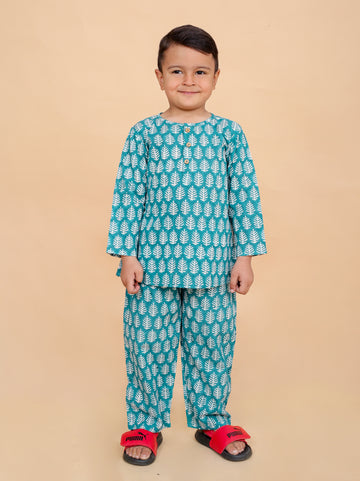 Forest Green Leaf pure cotton hand block printed pajama set for boys breathable summer nightwear