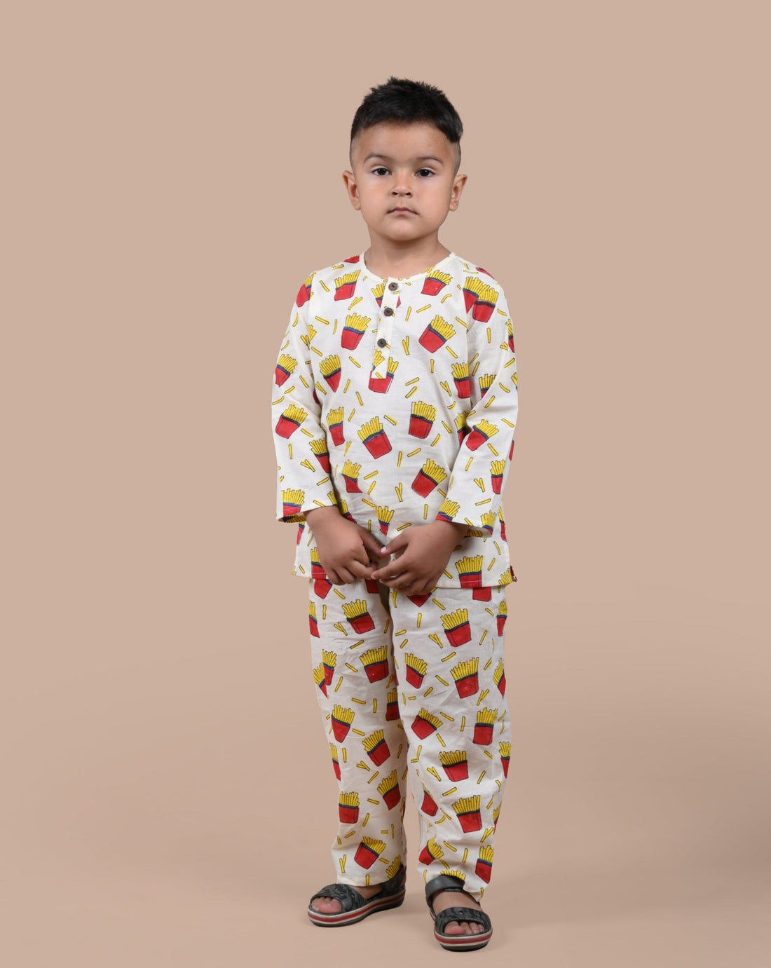 French Fry print pure cotton hand block printed pajama set for boys - front view