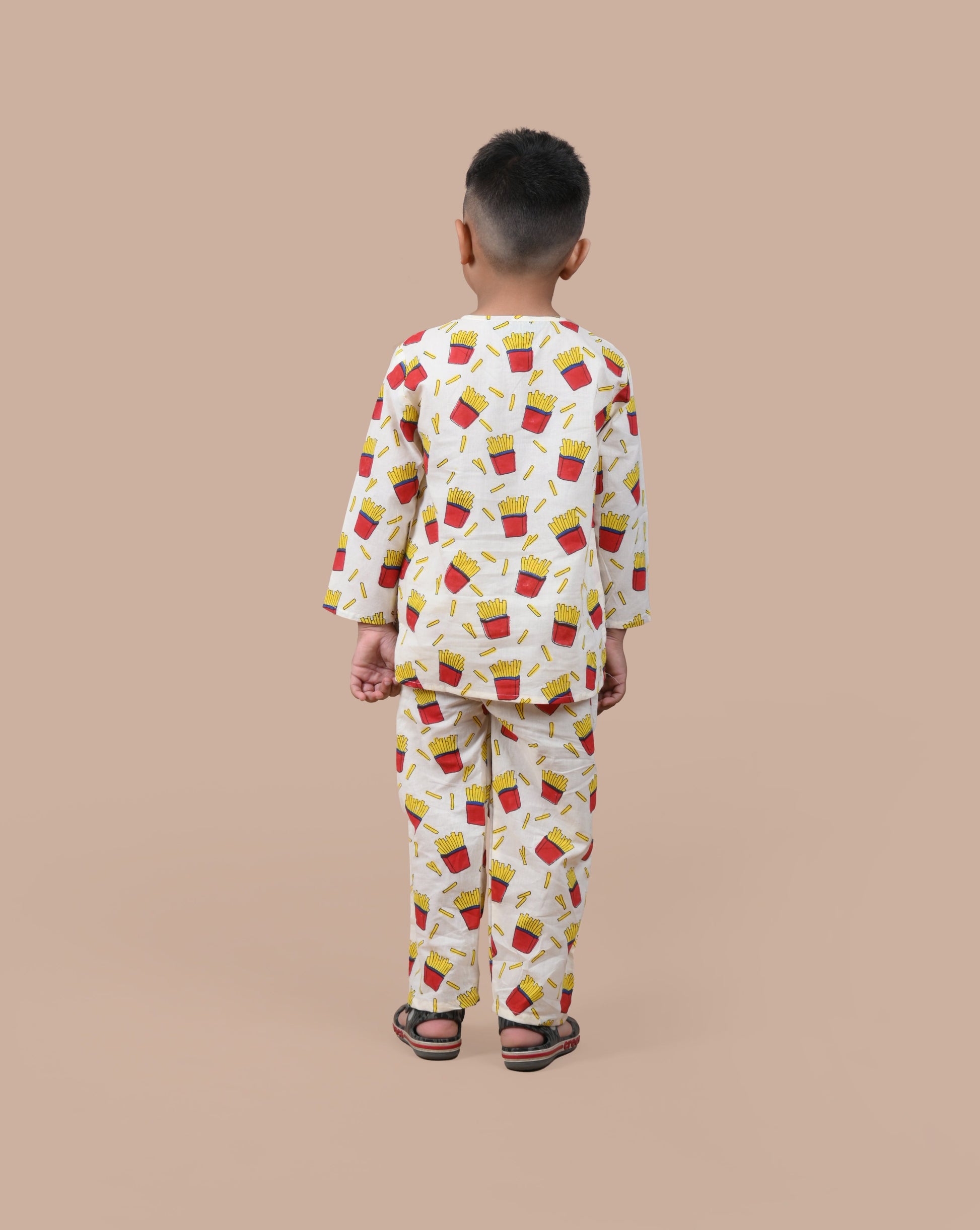 Hand block printed French Fry pajama set for boys - back side 