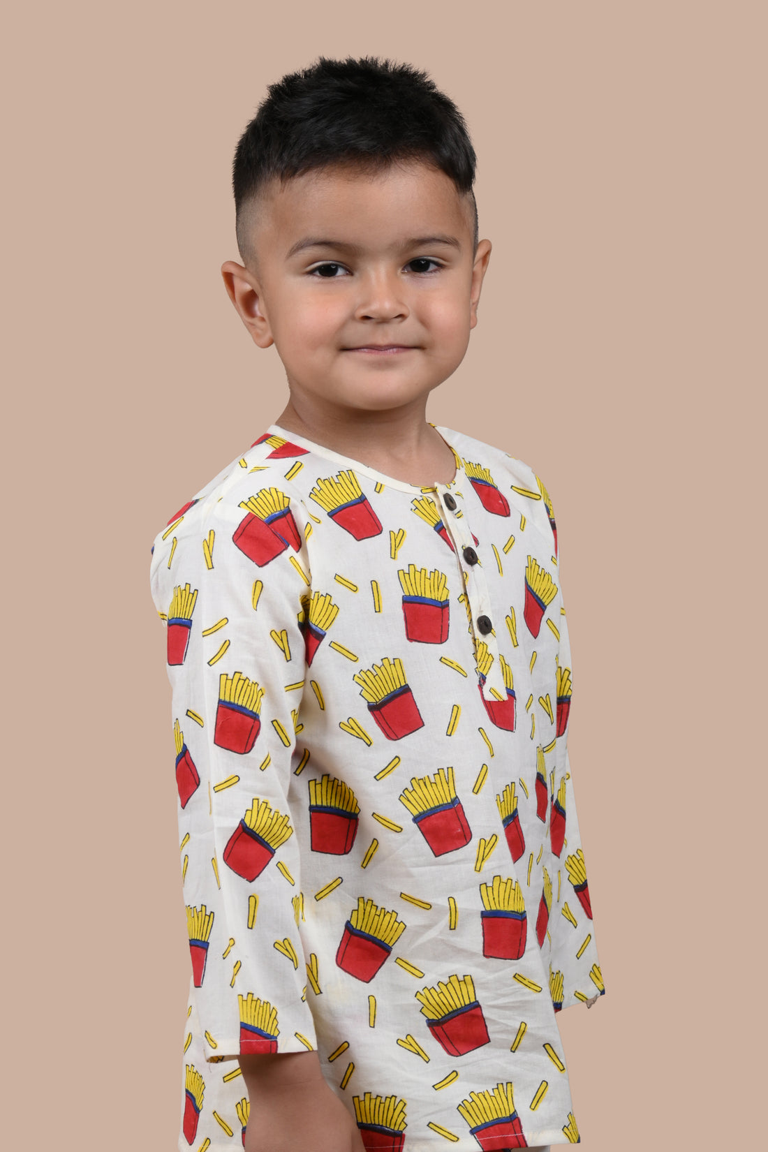 French Fry print pure cotton hand block printed pajama set for boys - front view