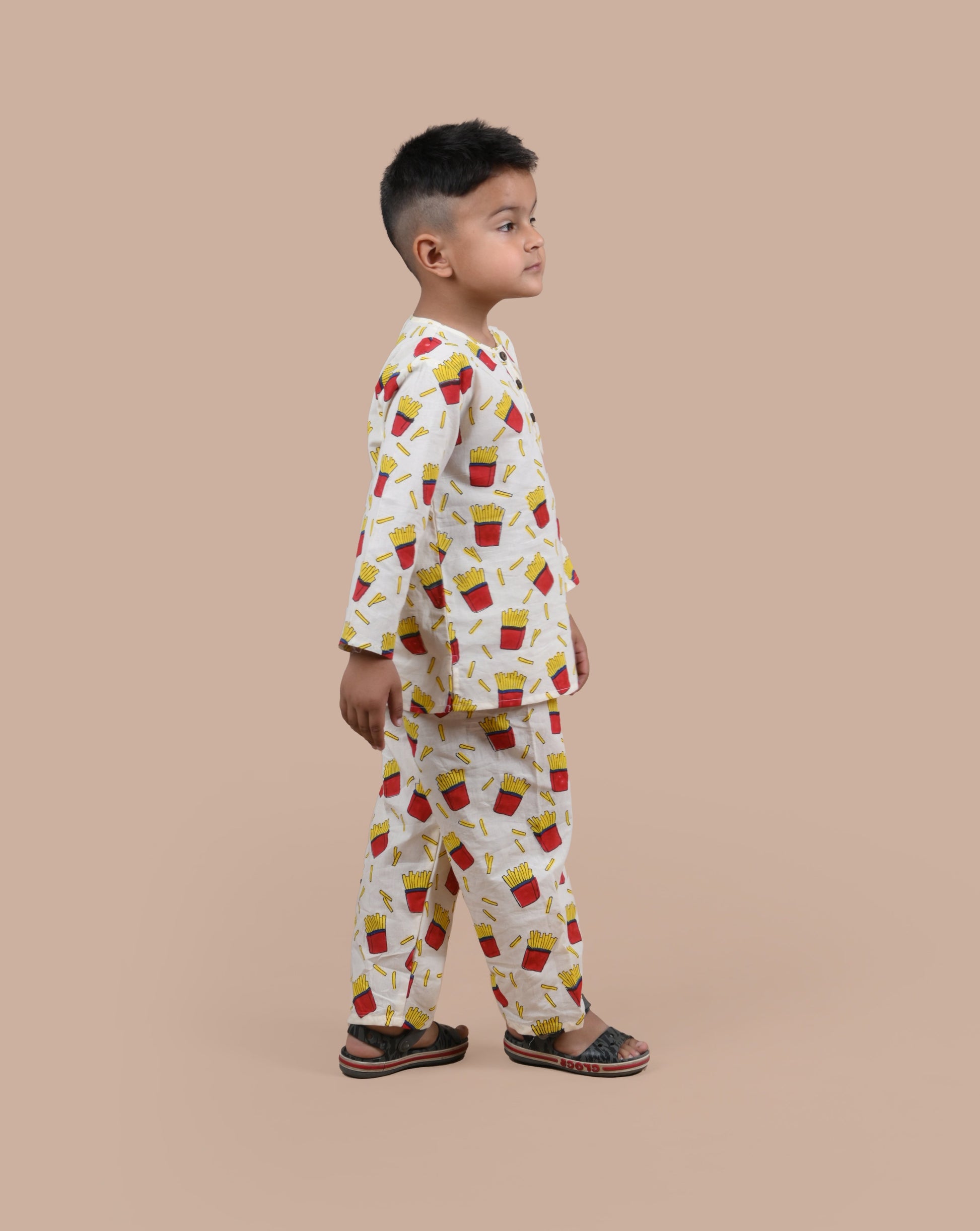 Boys pure cotton nightwear with French Fry hand block print - side view