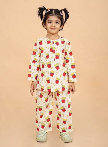 french fry printed pure cotton pajama set for girls