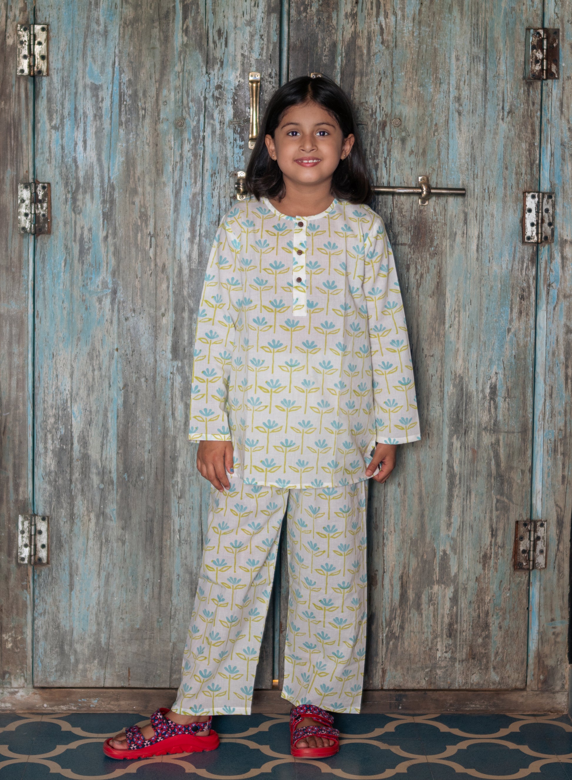Blue green floral printed pure cotton hand block printed pajama set for girls summer nightwear