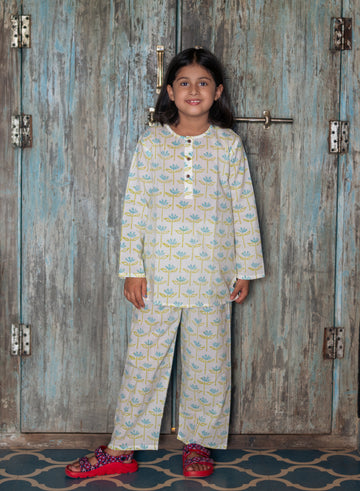 Blue green floral printed pure cotton hand block printed pajama set for girls summer nightwear