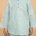 Green booti print pure cotton pajama set for girls -close up- Chheent Jaipur