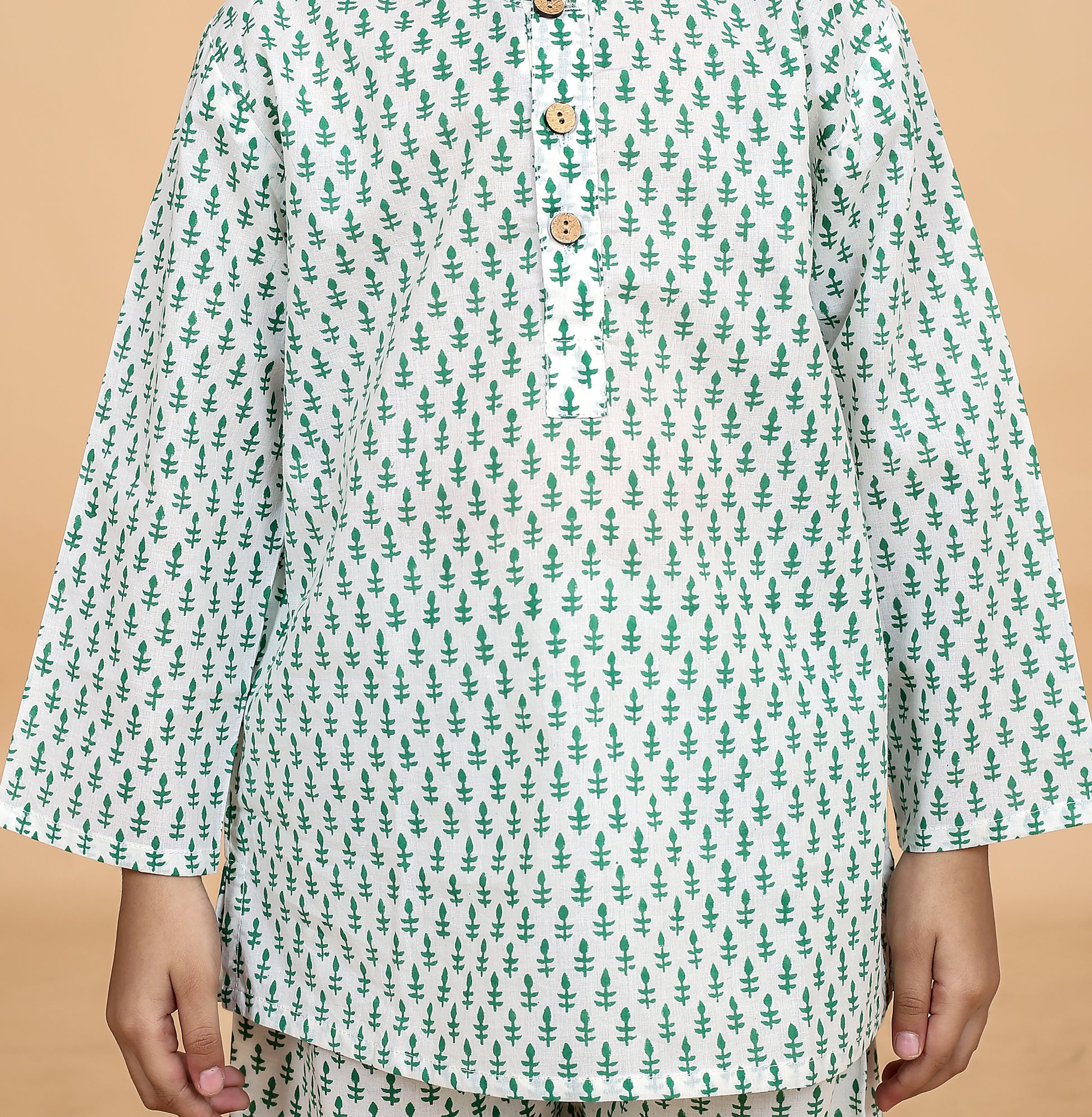 Green booti print pure cotton pajama set for girls -close up- Chheent Jaipur