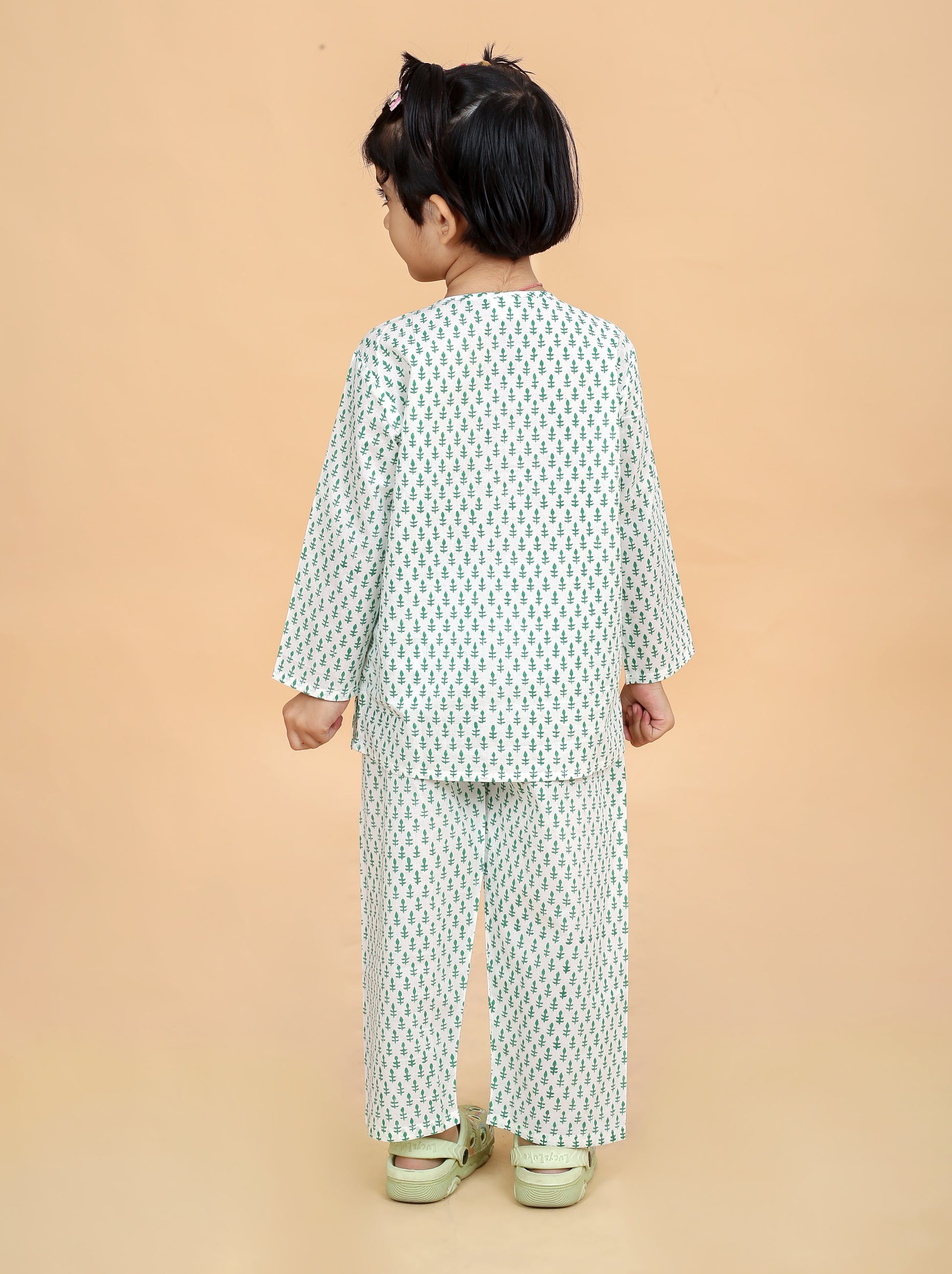 Green booti print pure cotton pajama set for girls - back view - Chheent Jaipur