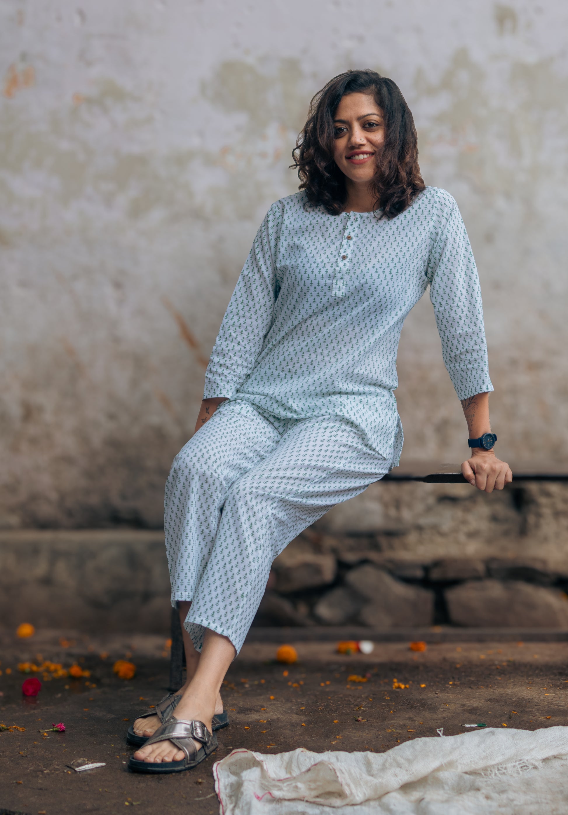 green booti print pure cotton hand block printed lounge wear for women