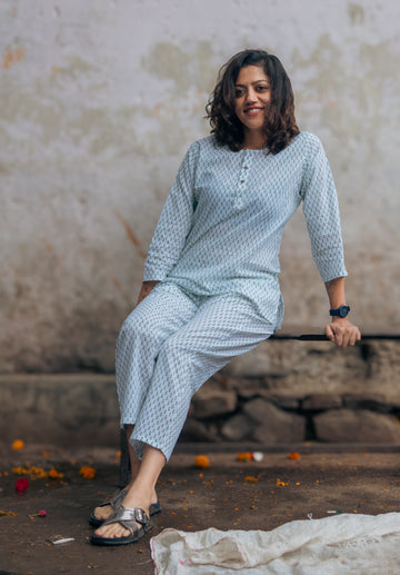 green booti print pure cotton hand block printed lounge wear for women