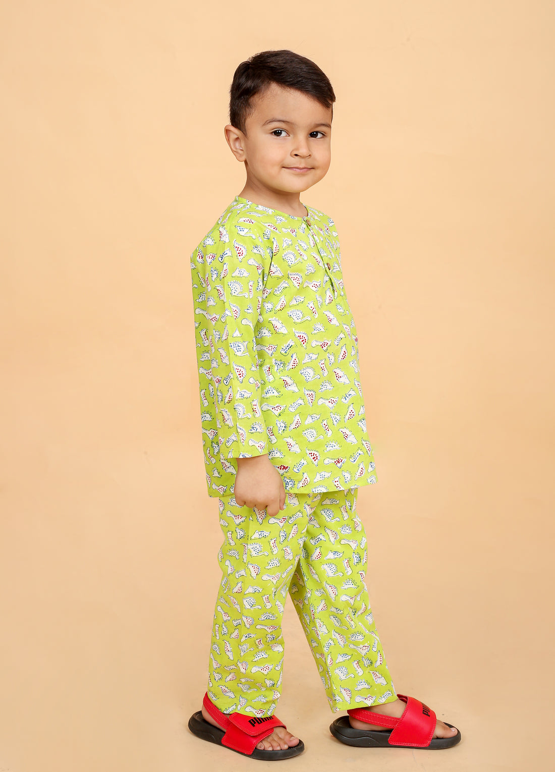 Green Dino pure cotton hand block printed pajama set for boys breathable summer nightwear