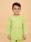 Green Dino pajama set fabric close-up - pure cotton hand block printed