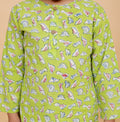 Green Dino pajama set fabric close-up - pure cotton hand block printed