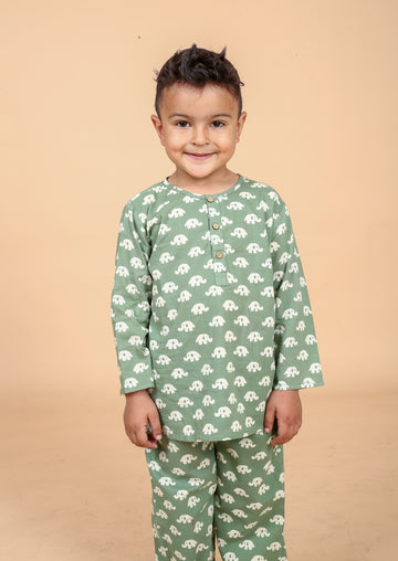 Green Elephant pure cotton hand block printed pajama set for boys breathable summer nightwear
