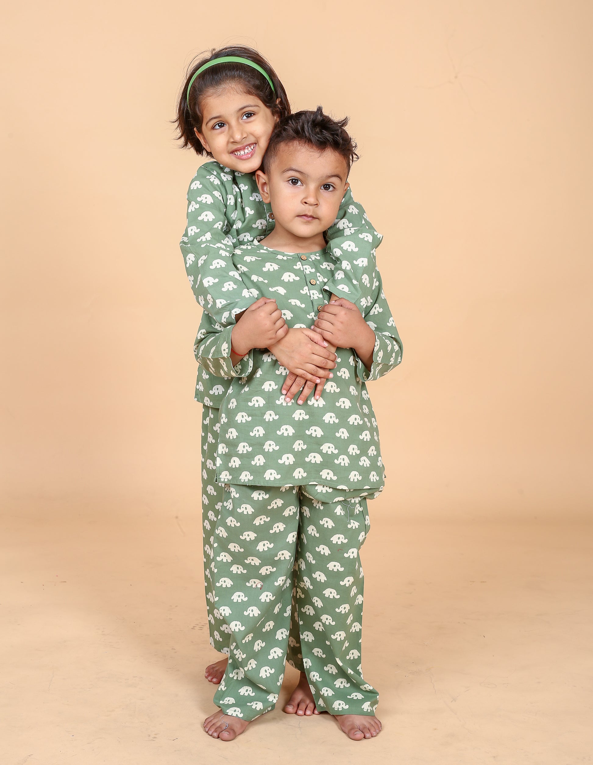 Green elephant hand block printed pure cotton pajama set for boys -Chheent Jaipur