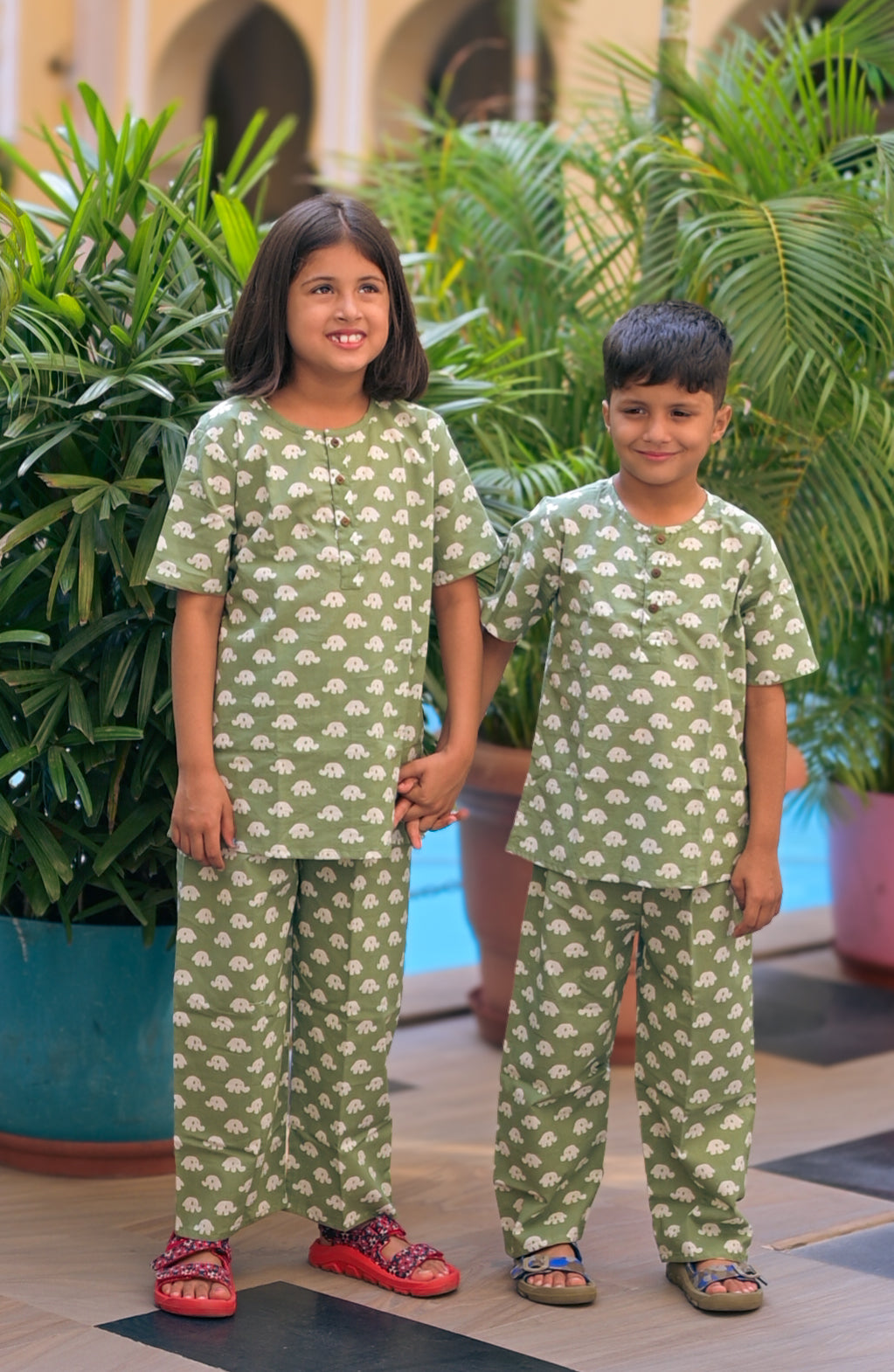 Dark Green Elephant half sleeves pure cotton hand block printed pajama set for girls summer nightwear