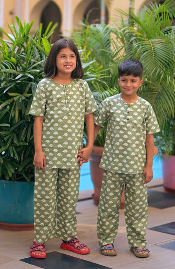 Dark Green Elephant half sleeves pure cotton hand block printed pajama set for girls summer nightwear