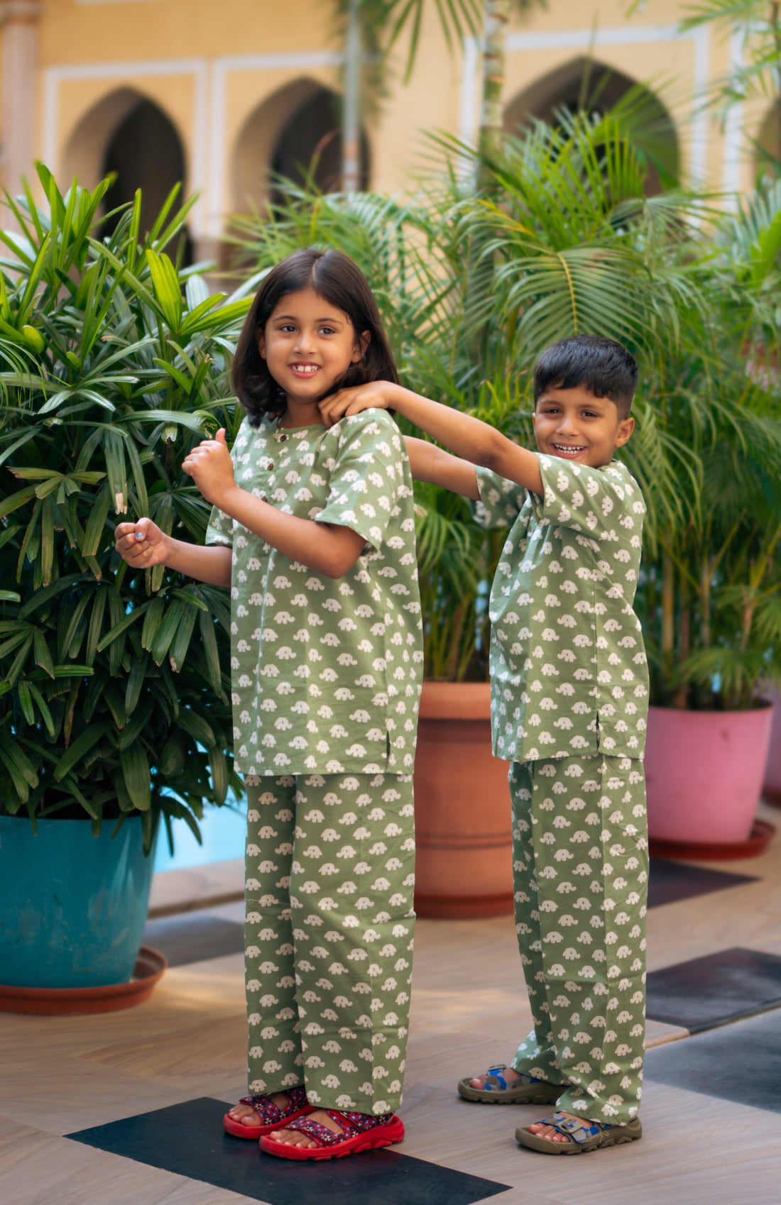 Dark Green Elephant half sleeves pure cotton hand block printed pajama set for girls summer nightwear