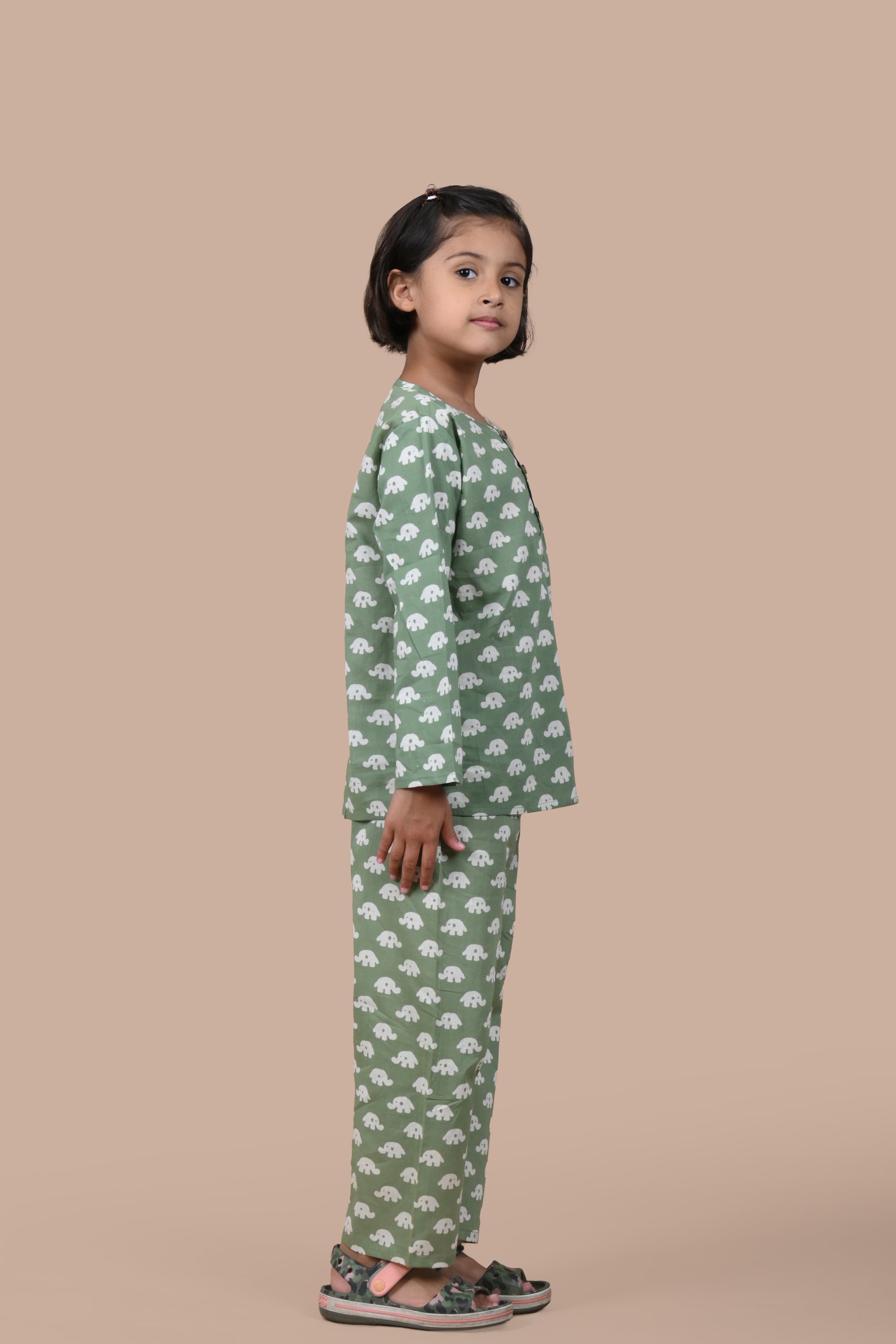 girl wearing pure cotton hand block printed nightsuit