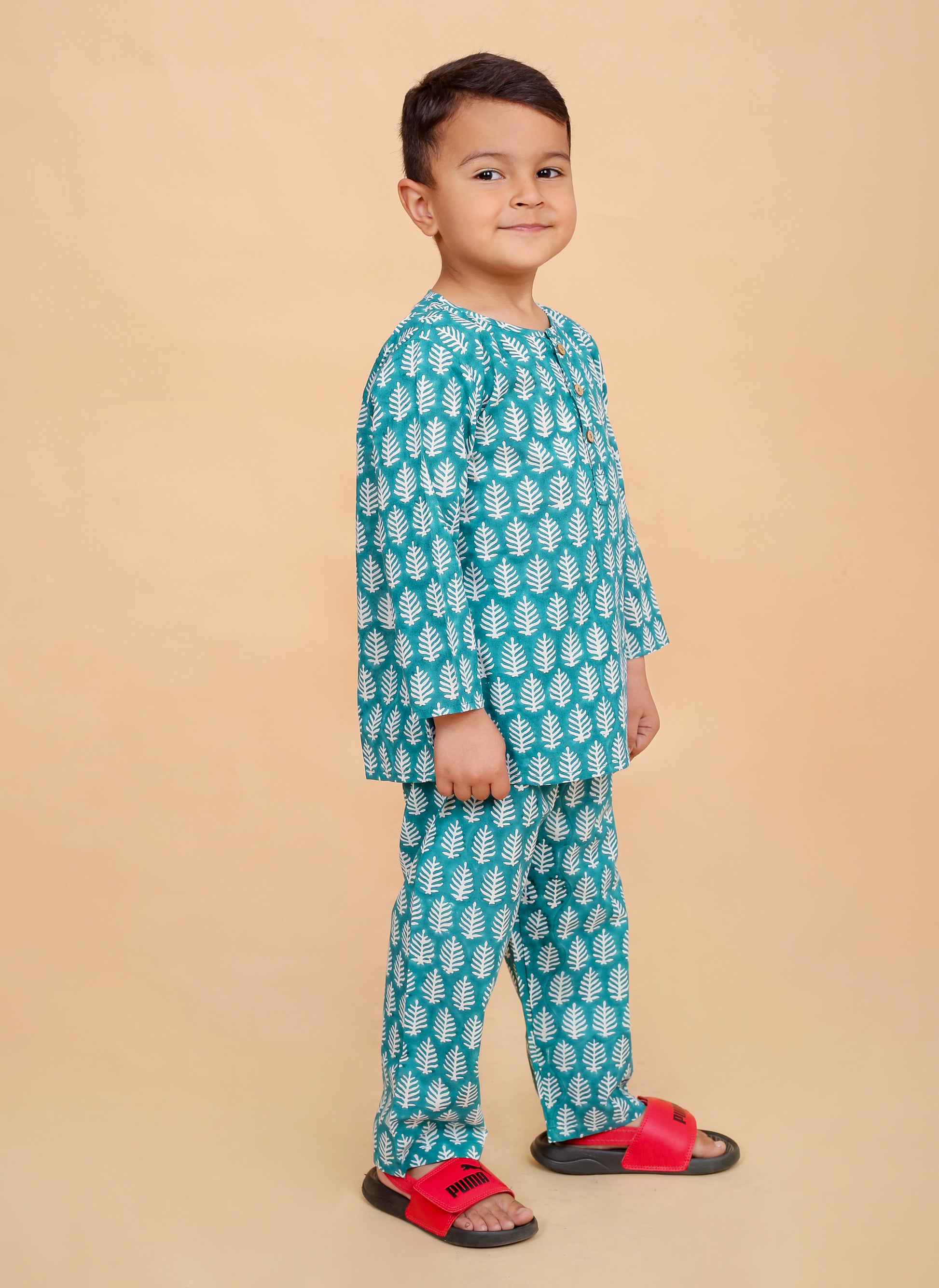 Forest Green Leaf hand block print detail on pure cotton boys pajama set