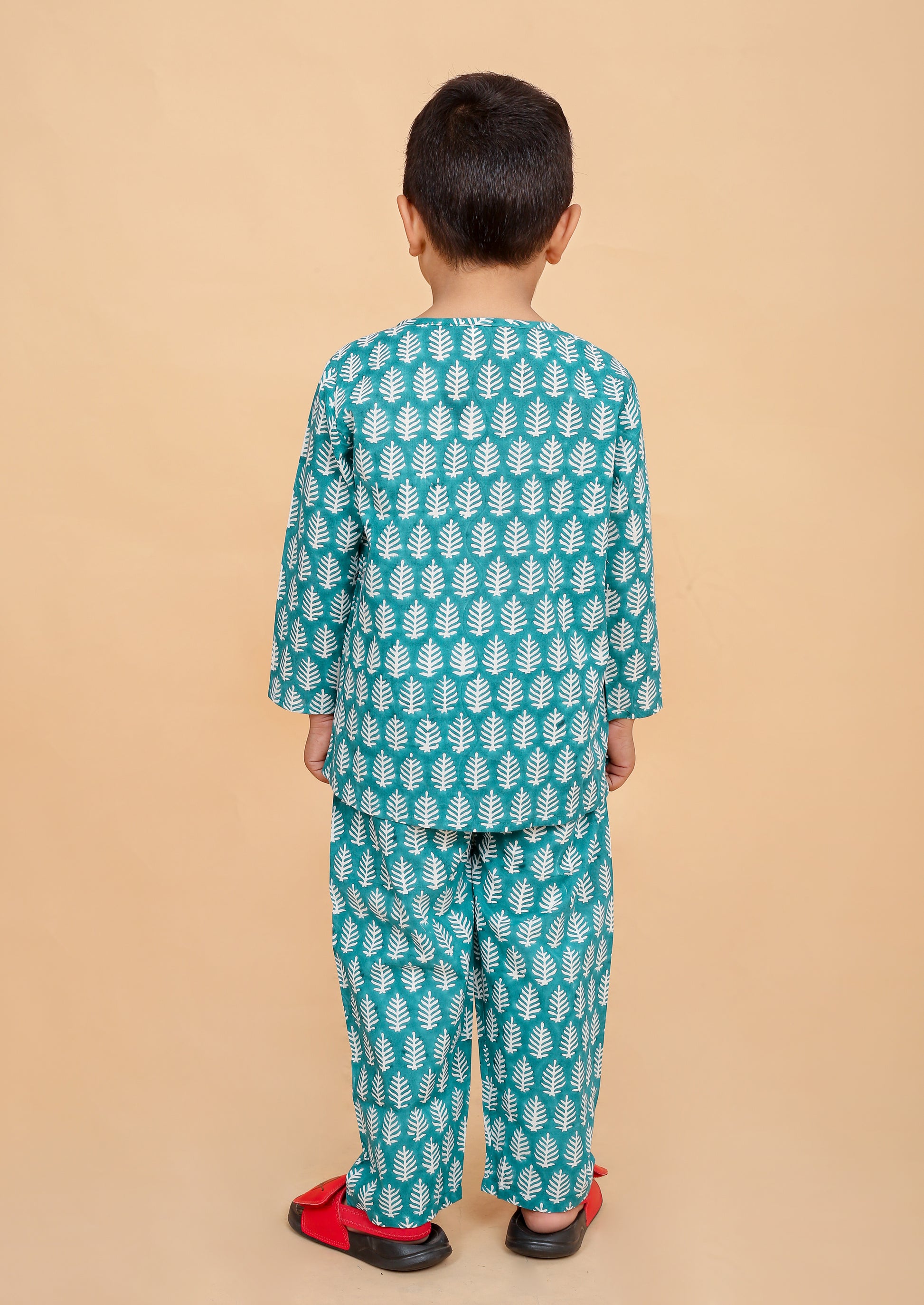 Forest Green Leaf hand block print detail on pure cotton boys pajama set - back view 