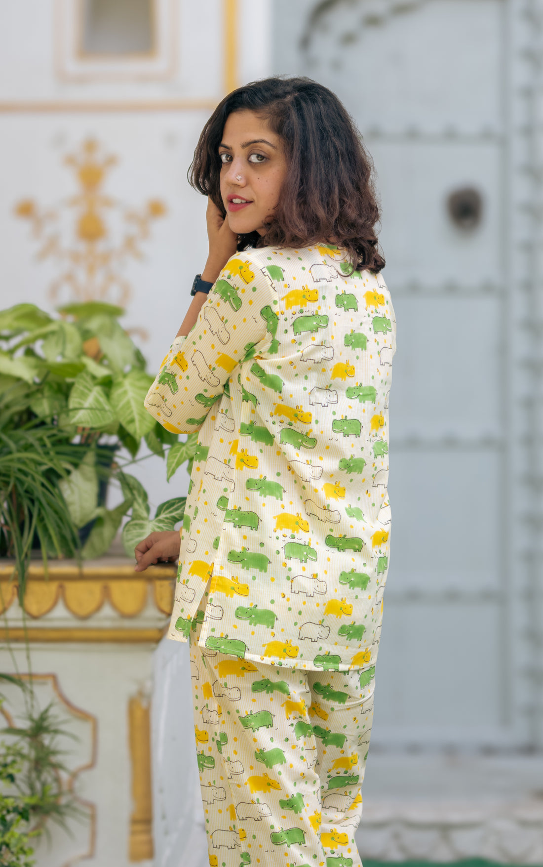 hippo print pure cotton hand block printed pajama set women