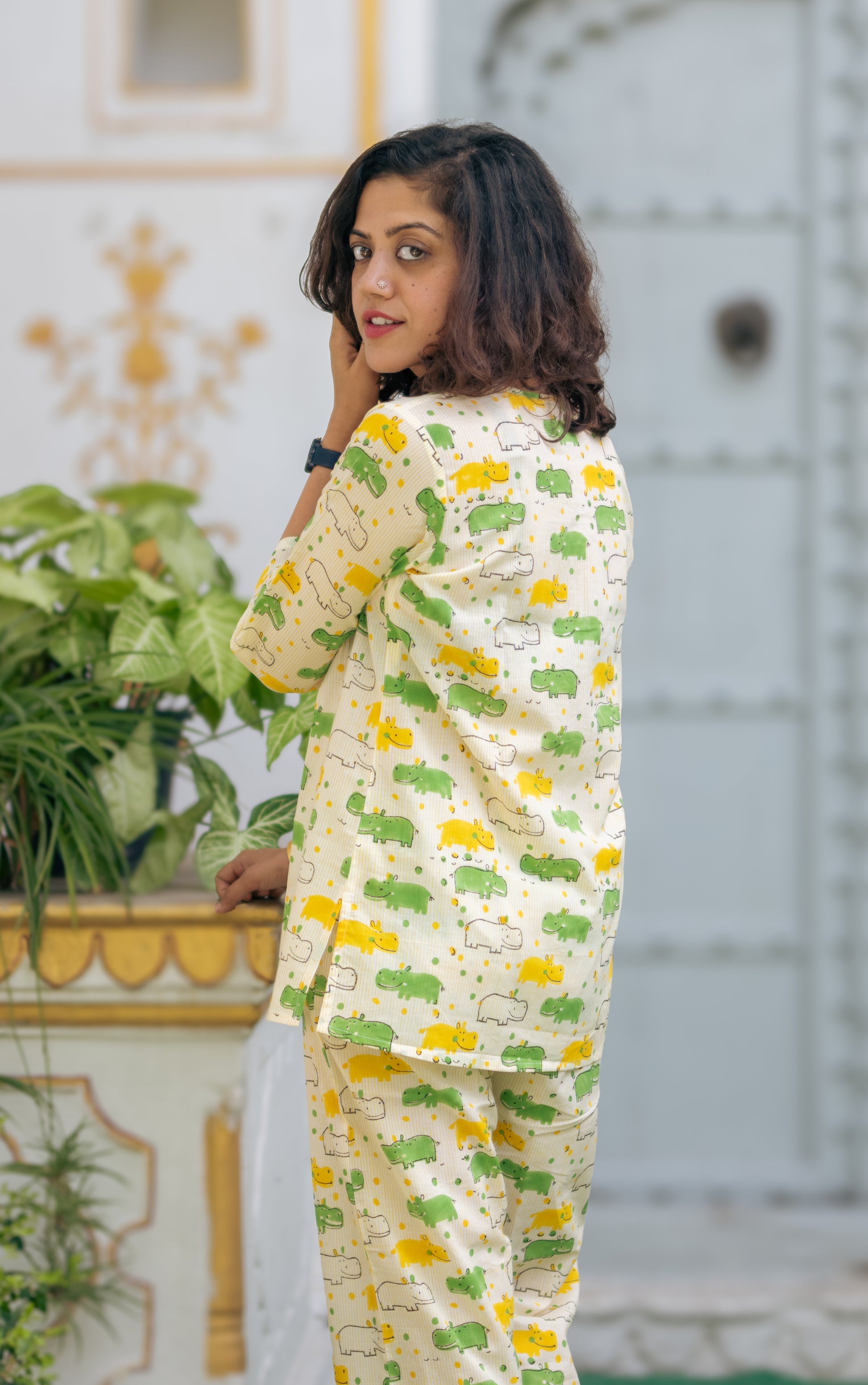 women hippo print cotton night suit