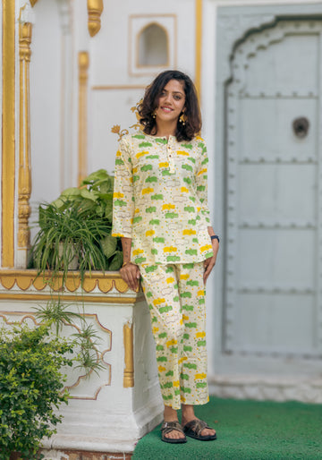 hippo print pure cotton hand block printed pajama set women