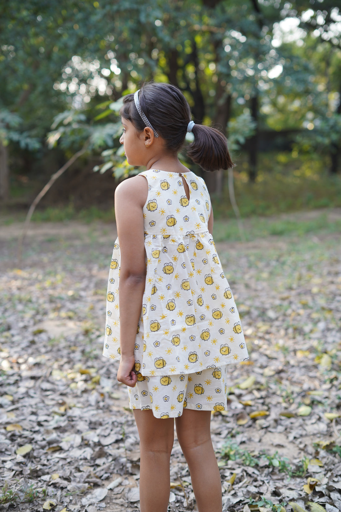 girl wearing Yellow pure cotton hand block printed shorts set